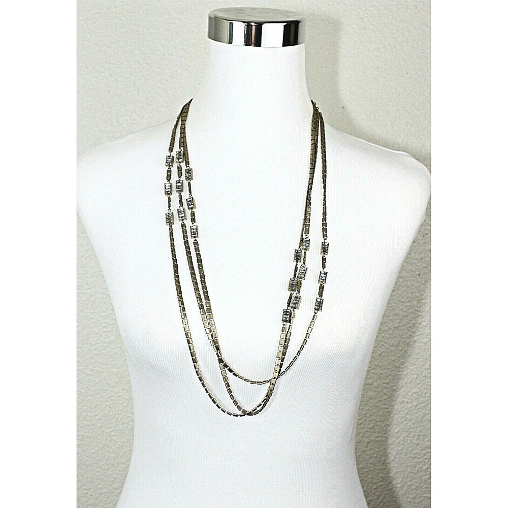 COLDWATER CREEK 3 Strand Necklace 32" Gold Tone Metal Clear Rhinestone Links